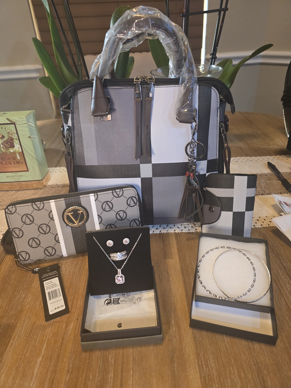 Gray & Black Plaid Satchel with Matching Wallet and Jewelry Bundle